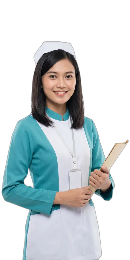 Perawat muda Klinix mengenakan seragam dan topi perawat